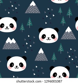 Panda Seamless Pattern Background, Scandinavian Happy cute panda in the forest between mountain tree and cloud, Cartoon Panda Bears Vector illustration for kids nordic background with triangle dots