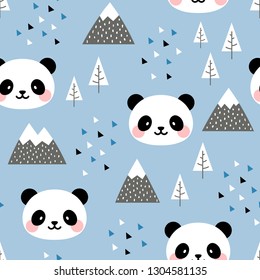 Panda Seamless Pattern Background, Scandinavian Happy cute panda in the forest between mountain tree and cloud, Cartoon Panda Bears Vector illustration for kids nordic background with triangle dots