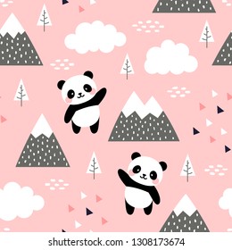 Panda Seamless Pattern Background, Scandinavian Happy cute panda in the forest between mountain tree and cloud, Cartoon Panda Bears Vector illustration for kids nordic background with triangle dots