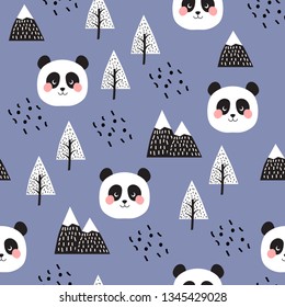 Panda Seamless Pattern Background, Scandinavian Happy cute panda in the forest between mountain tree and cloud, Cartoon Panda Bears Vector illustration for kids nordic background with dots 