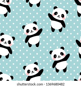 Panda Seamless Pattern Background, Scandinavian Happy cute panda with dot for baby. cartoon panda bears vector illustration for kids nordic background