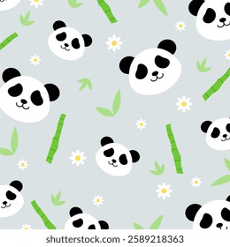 Panda seamless pattern with bamboo and daisy flower. Cute animal vector illustration. Kawaii panda cartoon. Can be used for wallpaper, fashion print fabric, room decoration, and paper wrapping