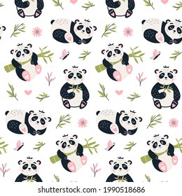 Panda Seamless pattern. Cute baby bear vector background. Funny nursery print with sleeping panda. Sweet bear wallpaper. Perfect for fabrics, textile, and wrap paper. Cartoon style.