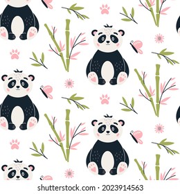 Panda Seamless pattern. Cute baby bear vector background. Funny nursery print with panda and bamboo. Sweet bear wallpaper. Perfect for fabrics, textile, and wrap paper. Cartoon style.