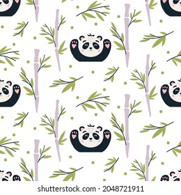 Panda Seamless pattern. Cute baby bear vector background. Funny nursery print with panda and bamboo. Sweet bear wallpaper. Perfect for fabrics, textile, and wrap paper. Cartoon style.