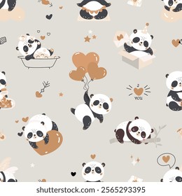 Panda seamless pattern. Cute panda with balloons, sleeping and meditation, resting. Decorative print for fabric, wallpaper, cards, nowaday vector background