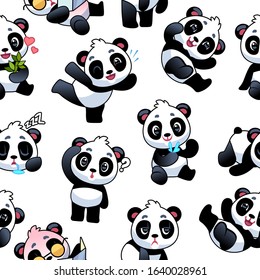 Panda seamless pattern. Cute little bamboo bears, funny china animals with different gestures, kids wallpaper art design. Print of wrapping paper or cloth vector texture