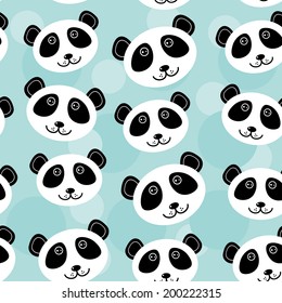 Panda Seamless pattern with funny cute animal face on a blue background. Vector