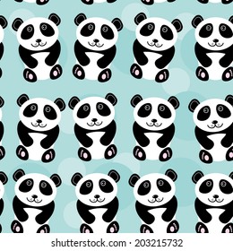 Panda Seamless pattern with funny cute animal on a blue background. Vector