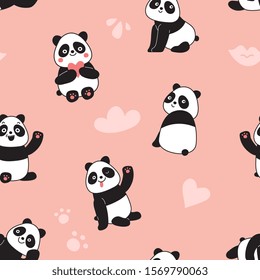 Panda seamless pattern. Happy cute flying panda bears, adorable chinese wild zoo animals. Colorful childrens cartoon vector texture