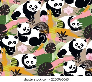 Panda seamless pattern illustration. Ssuitable for fabric, mural, wrappingpaper, wallpaper.