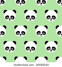 Panda seamless pattern on light green background. Cute vector background with smiling baby animal panda. Child style illustration.