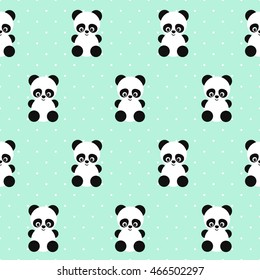 Panda seamless pattern on polka dots green background. Cute design for print on baby's clothes, textile, wallpaper, fabric. Vector background with smiling baby animal panda. Child style illustration.