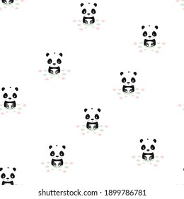 panda seamless pattern with plants, cute vector background with baby animal panda, child style illustration
