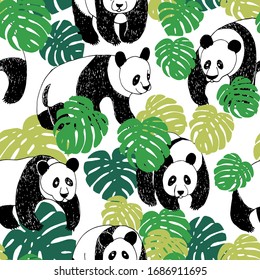 Panda seamless pattern in sketch style. Hand drawing panda pattern illustration with monstera leaves, vector. Cute cartoon wild animals. Children illustration.