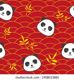 Panda seamless pattern vector. Cute happy panda faces illustration. Red and gold chinese style background.