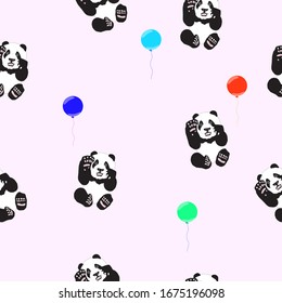 panda seamless vector pattern. Background is beige, colored balloons. Texture for fabric or wallpaper. EPS 10 format.

