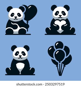 Panda Set with Balloons, Cute and Playful Design - Flat Vector Illustration