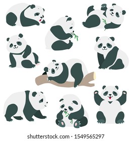 Panda set. Cartoon illustration of cute baby panda bears in various poses isolated on white background. vector 8 EPS