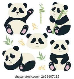 Children’s panda set in flat style isolated on white background, vector illustration. Baby animal in different poses. Vector illustration