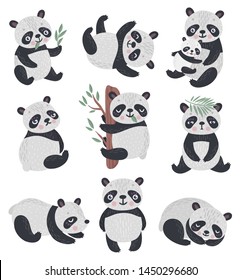 Panda set hand drawn style. Cute Forest characters playing, sleeping, relaxing and having fun.  Vector illustration.