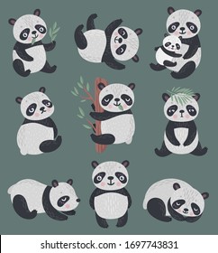 Panda set hand drawn style. Cute Forest characters playing, sleeping, relaxing and having fun.  Vector illustration.