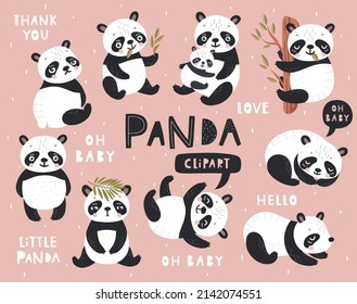 Panda marcó el estilo a mano. Personajes de la Cute Forest jugando, durmiendo, relajándose y divirtiéndose.  Ilustración vectorial.