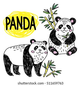 Panda. Un conjunto de Imágenes. Dibujo a mano, el dibujo de un niño. Osos y bambú.