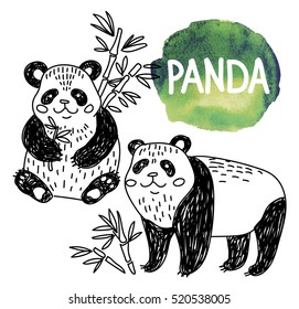 Panda. A set of images. Drawing by hand, a child's drawing. Bears and bamboo.