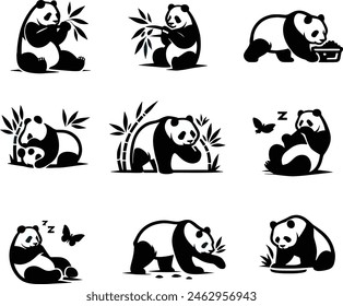 Panda Set Silhouette Vektorgrafik mit Bambus im Hintergrund