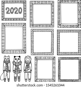 Panda, sheep, ferret and set of hand-drawn frames for bullet journal, notebook, diary and planner. Collection of doodle black vector borders isolated on white background. 