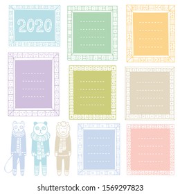 Panda, sheep, ferret and set of hand-drawn frames for bullet journal, notebook, diary and planner. Collection of cute doodle vector borders isolated on white background. 