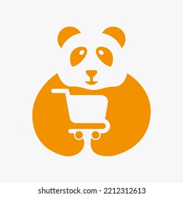 Panda Shopping Cart Logo Negative Space Concept Vector Template. Panda Holding Shopping Cart Symbol