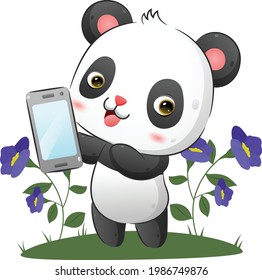 The panda is showing a new smart phone in the garden with the happy face of the illustration