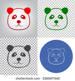 Panda sign illustration. Vector. 4 styles. Red gradient in radial lighted background, green flat and gray scribble icons on transparent and linear one in blue circle.