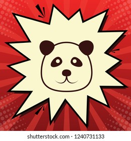 Panda sign illustration. Vector. Dark red icon in lemon chiffon shutter bubble at red popart background with rays.