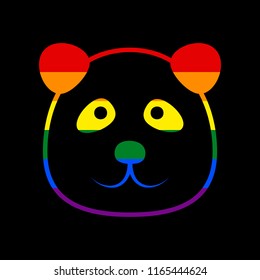 Panda sign illustration. Vector. Icon with colors of LGBT flag at black background.