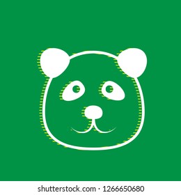 Panda sign illustration. Vector. White flat icon with yellow striped shadow at green background.