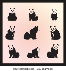 Panda silhouette set Clipart on a hex color background
