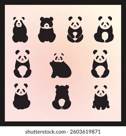 Panda silhouette set Clipart on a hex color background