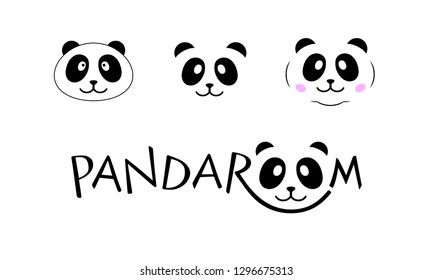 Panda simple logo vector set. Minimal cute faces illustration. Asian Panda head icons. Funny cartoon style wild animal print. Happy character drawing. Silhouette flat face art isolated on white 