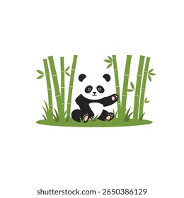 A panda sits calmly among a thick bamboo grove, enjoying the peaceful atmosphere of nature. With its distinctive black-and-white fur and adorable expression.