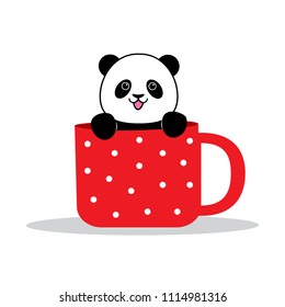 Panda sits in a mug. Design element for baby shower card, scrapbook, invitation, baby goods and childish accessories. Isolated on white background. Vector illustration.