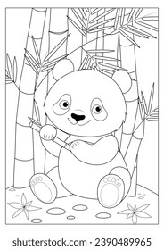 Un panda se sienta en el suelo y come bambú. Hay gruesos de bambú en la parte de atrás. Página de colorear para niños. Ilustración del vector