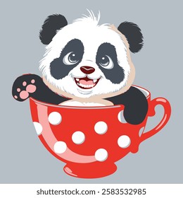 Panda sits in a red cup. Design element for baby shower card, scrapbook, invitation, baby goods and childish accessories. Isolated on white background. Vector ...