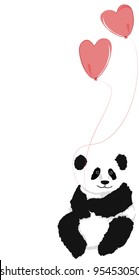 Panda sitting with 2 heart balloons, on white background.
