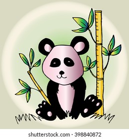 Panda sitting among bamboo stem. 