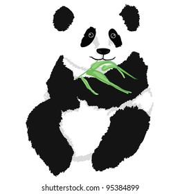 Panda sitting with babmboo branch, on white background.