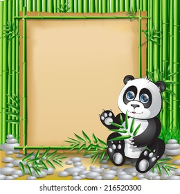 Panda sitting in bamboo branches and holding a branch of bamboo