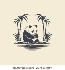 panda sitting in bamboo garden illustration logo